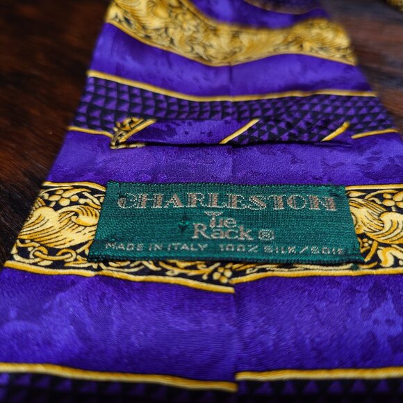 Charleston Purple, Gold and Black Paisley and Geometric Silk Tie - Picture 3 of 4
